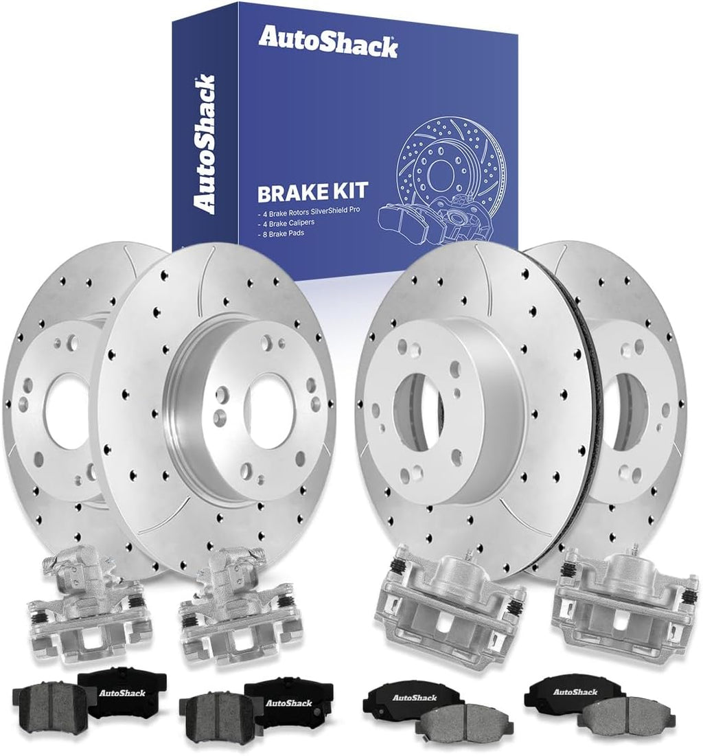 AutoShack Front & Rear Brake Rotors, Premium Pads & Calipers for Honda, Civic 2006-2011, FWD L4 1.8L - Silver Zinc Coated Drilled & Slotted - SilverShield Pro