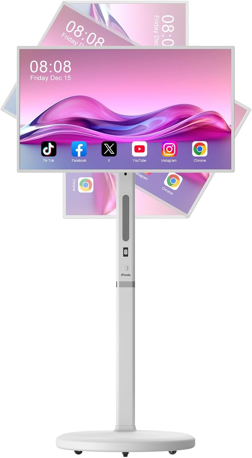 32-Inch 1080p Portable TV Monitor with Touch Screen, Smart Rolling TV on Wheels 4GB+64GB, Support Google Store, Full Swivel Rotation, Multiple Projection Sharing