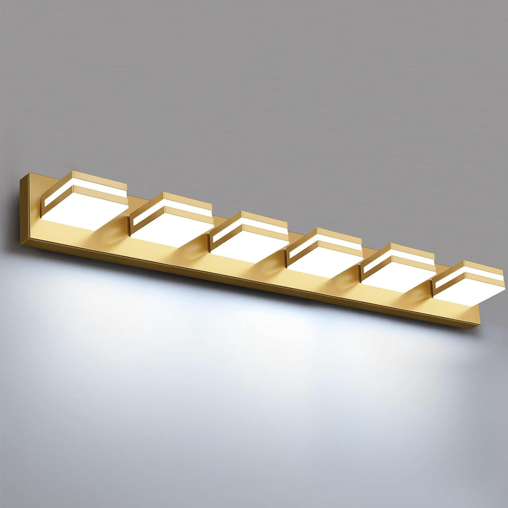 IZORRO LED Modern Bathroom Lights Fixtures(6-Light,Dimmable,360°Rotate),Brushed Glod Acrylic Wall Lighting,Vanity Lights for Bathroom Over Mirror - 6000k 36In （No Assembly Required）