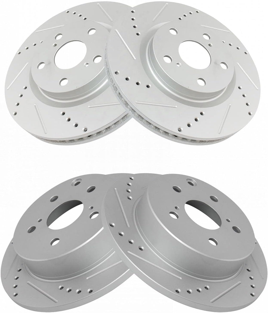 TRQ Performance Front and Rear Brake Rotor Set Coated Drilled Slotted Compatible with 13-18 Toyota RAV4 XLE Limited SE 16-18 Toyota RAV4 Hybrid XLE Limited SE Japan Built Models 1st VIN Digit J