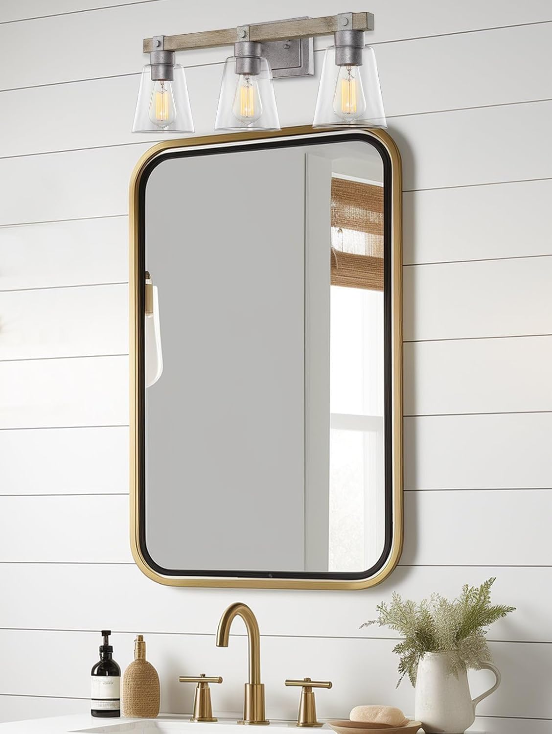 Kira Home Asher 23' 3-Light Farmhouse Vanity Light with Clear Tapered Shades, Hand-Painted Wood Grain Metal Bathroom Light, Bleached Oak Wood and Galvanized Steel Finish