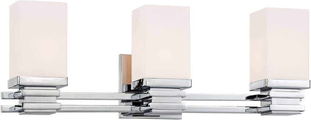 Possini Euro Design Bennett Modern Wall Light Chrome Silver Hardwired 22' Wide 3-Light Fixture Mounted Etched White Opal Glass Rectangular Shade Bathroom Vanity Mirror House Home Hallway Room Decor