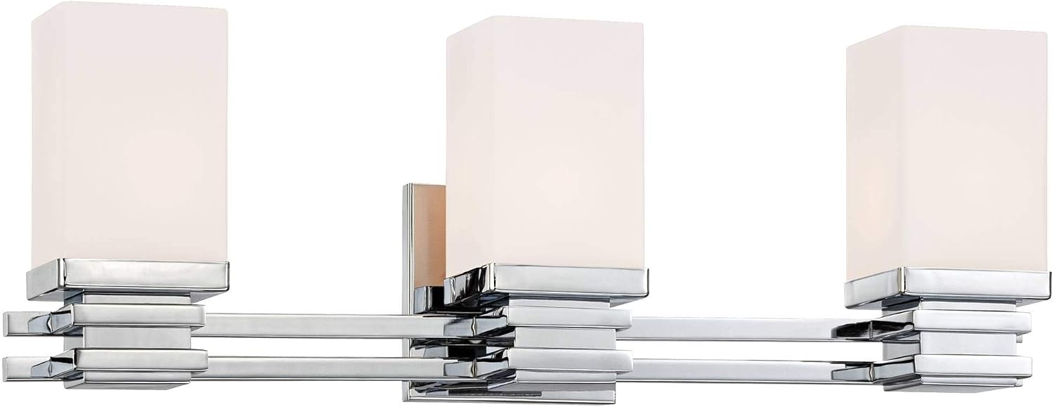 Possini Euro Design Bennett Modern Wall Light Chrome Silver Hardwired 22' Wide 3-Light Fixture Mounted Etched White Opal Glass Rectangular Shade Bathroom Vanity Mirror House Home Hallway Room Decor