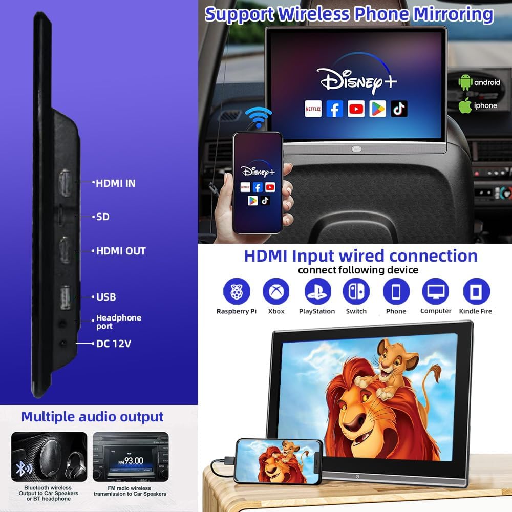 14 Inch Android12,Touch Screen 4K Car Headrest Portable Tv Support Wireless Phone mirroing,Multimedia Video with USB, Hdmi in/Out, Sd, Headphone Jack,WiFi Touch Screen,Bluetooth, FM,2G RAM+32G（2PCS）