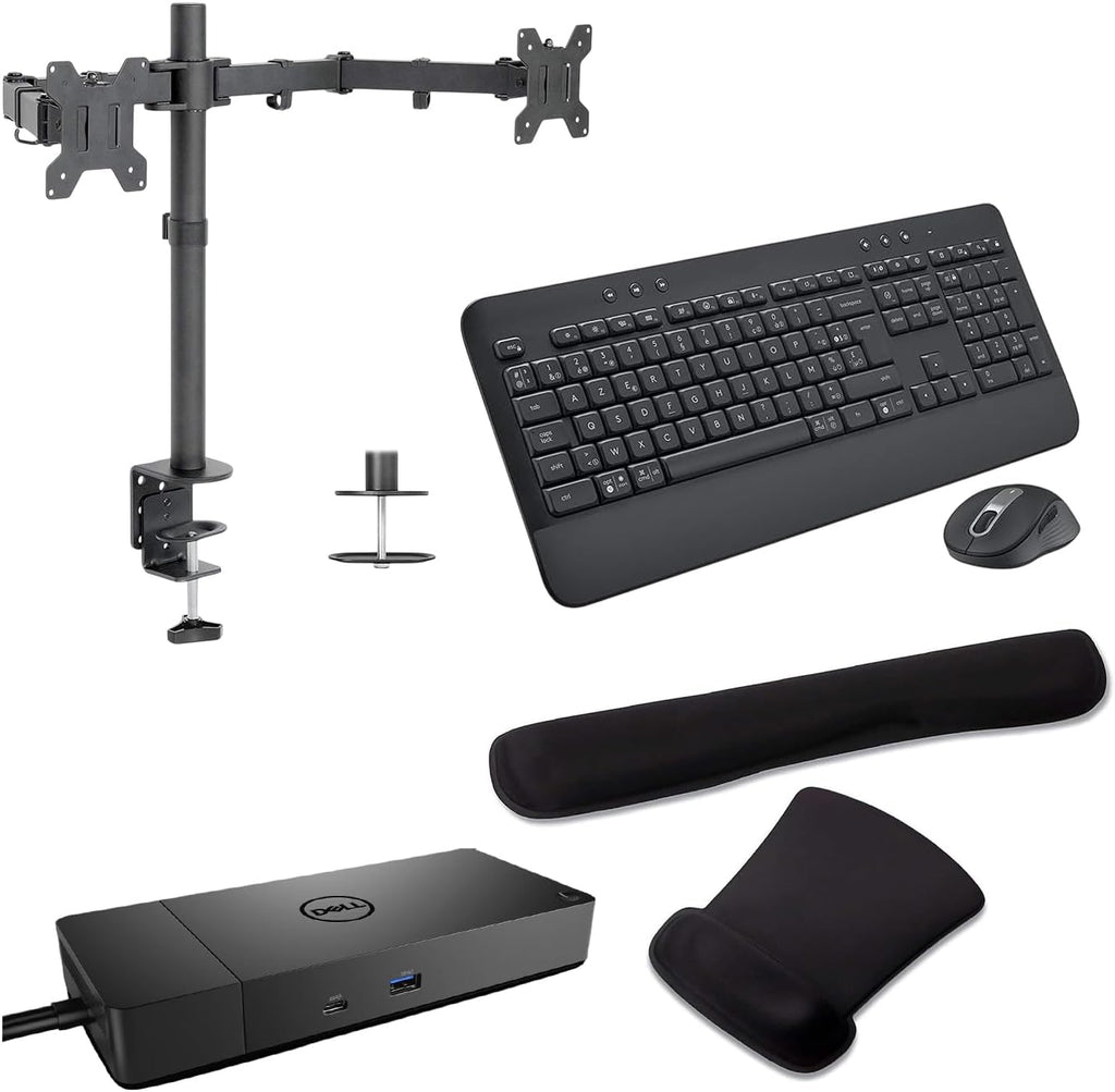Dell WD19S USB-C Workstation Dock 130W 4K Support, HDMI, DisplayPort, USB Hub and Ethernet Bundled with Desk Mount Dual Monitor Stand, MK650 Wireless Keyboard & Mouse, Gel Mouse & Wrist Pad