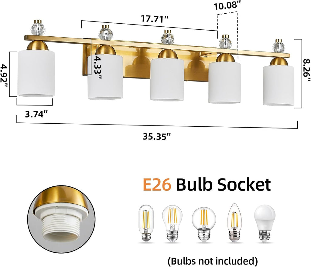 White Glass Bathroom Vanity Light 5 Light Mid Century Gold Bathroom Lighting Fixtures Over Mirror Modern Vanity Lighting Wall Mount for Bathroom Mirror Hallway(Bulbs Not Included)