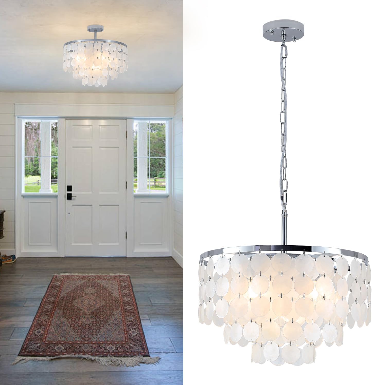 17.72' Capiz Shell Chandelier, 5 Light Chrome Dining Room Light Fixture, Modern Natural Coastal Seashell Chandeliers for Living Room Bedroom Foyer Bathroom (White Seashell Lighting Fixtures)