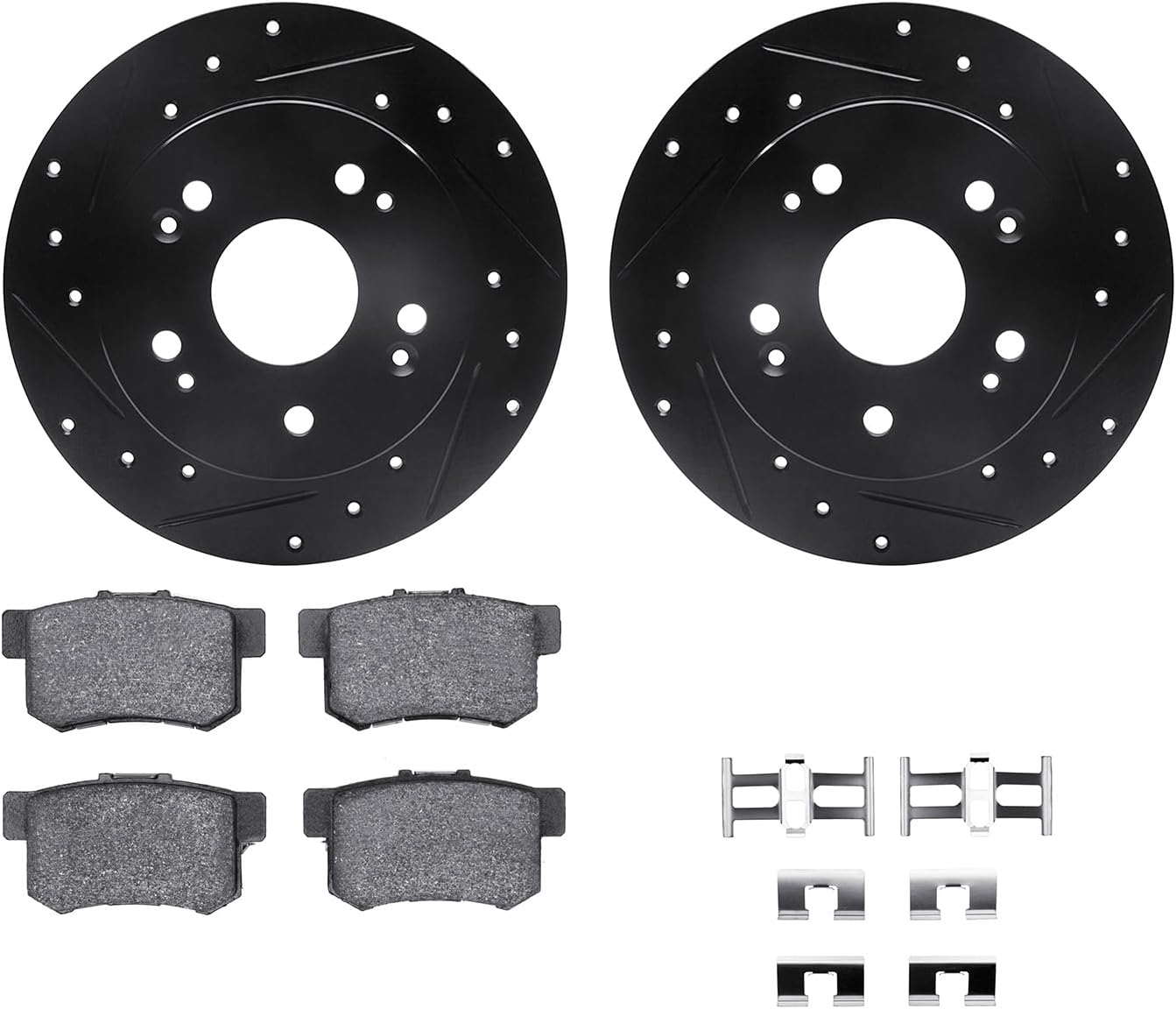 R1 Concepts Rear Brake Kit Fits 2006-2011 Acura CSX; 2013-2015 Acura ILX; 1997-2001 Honda Prelude; 2006-2015 Honda Civic| Semi Met Pads, Drilled Slotted Rotors| Hardware| 10.2' Rear