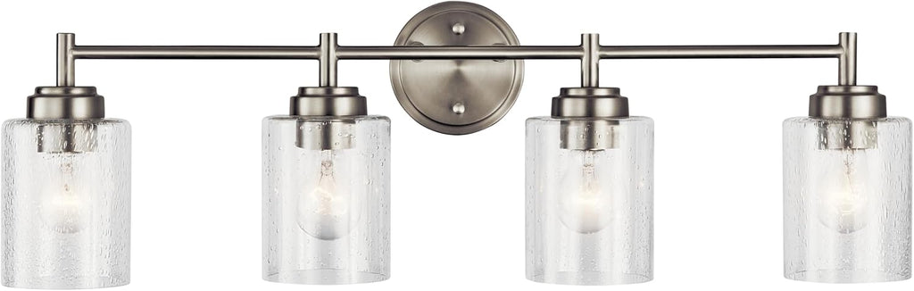 Kichler Winslow 30' Vanity Light in Brushed Nickel, 4-Light Transitional Bathroom Light with Clear Seeded Glass. (30' W x 9.25' H), 45887NI
