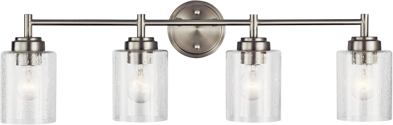 Kichler Winslow 30' Vanity Light in Brushed Nickel, 4-Light Transitional Bathroom Light with Clear Seeded Glass. (30' W x 9.25' H), 45887NI