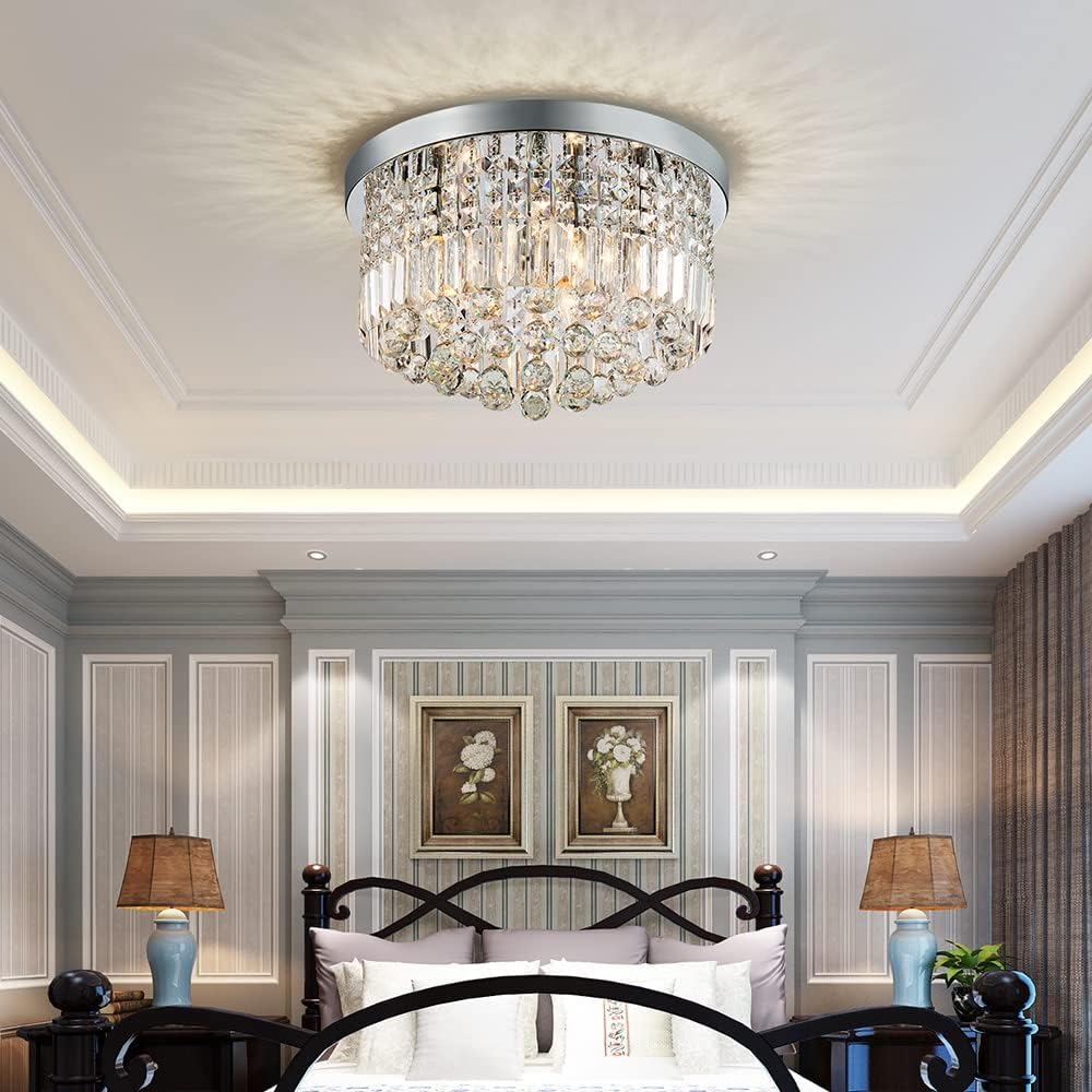 Saint Mossi Modern K9 Crystal Raindrop Chandelier Lighting Flush Mount LED Ceiling Light Fixture Pendant Lamp for Dining Room Bathroom Bedroom Livingroom 9 E12 LED Bulbs Required Height 11 x Width 20