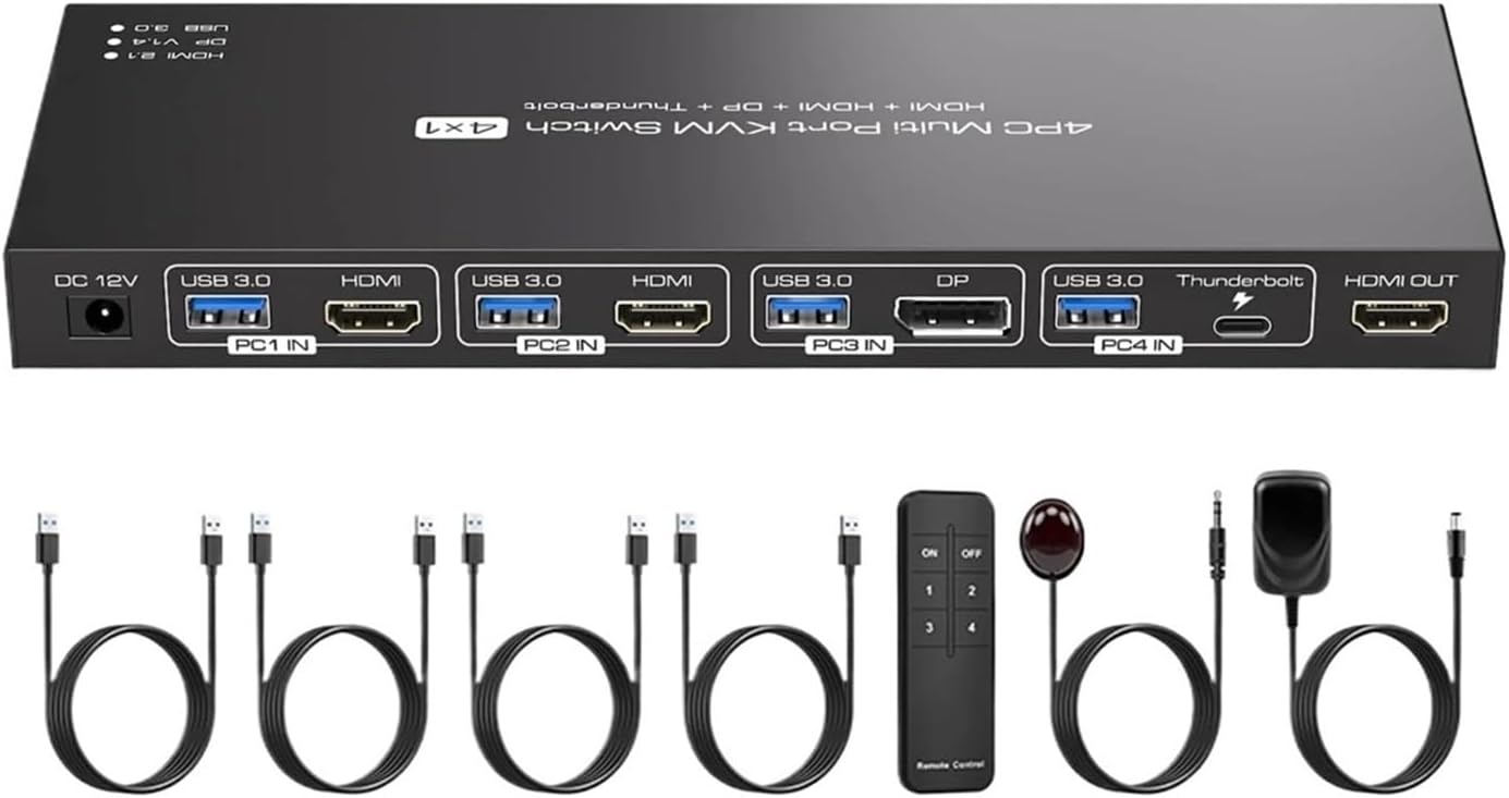8K 60Hz 2 HDMI + Displayport Thunderbolt4 KVM Switches for 4 PC Share 1 Monitor,8K Support Extend IR Control and IR Control(US Power Plug)