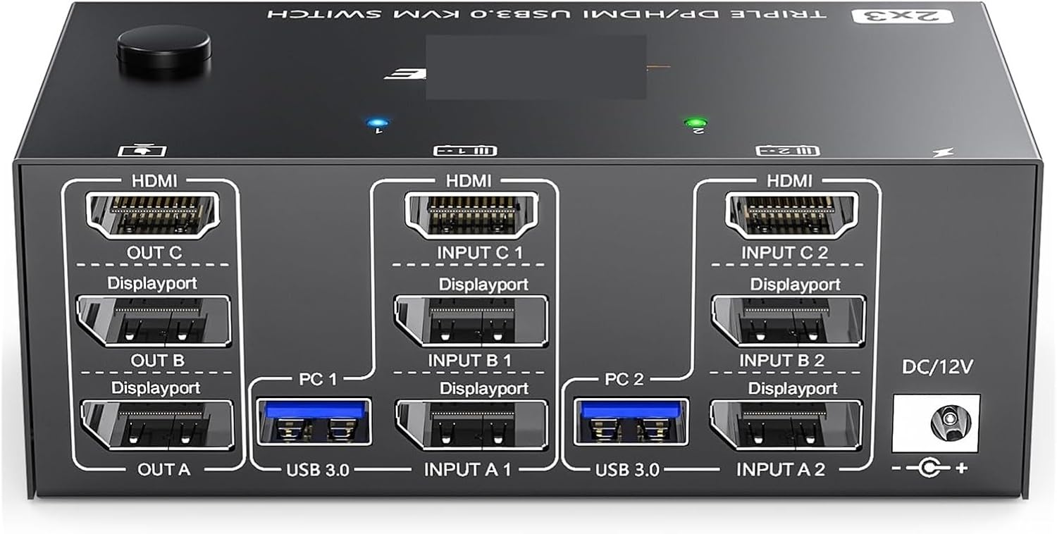 KVM Switch 3 Monitors 2 Computers 8K@60Hz 4K@144Hz, HDMI+2 Displayport KVM Switch Triple Monitor for 2 Computer Share(203DH US)