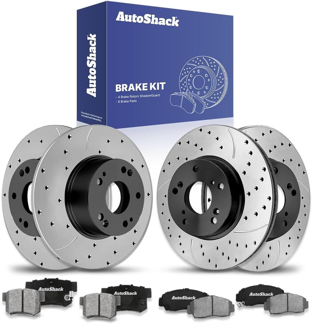 AutoShack Front & Rear Brake Rotors & Ceramic Pads for Honda, Accord 2003-2007, FWD L4 2.4L V6 3.0L - E-Coated Drilled & Slotted - ShadowGuard