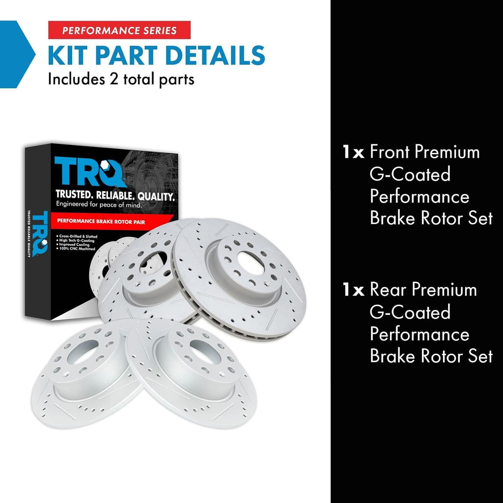 TRQ Front & Rear Brake Rotors Set Performance Premium G-Coated Slotted X Drilled Compatible with 09-20 Audi 09-21 Volkswagen