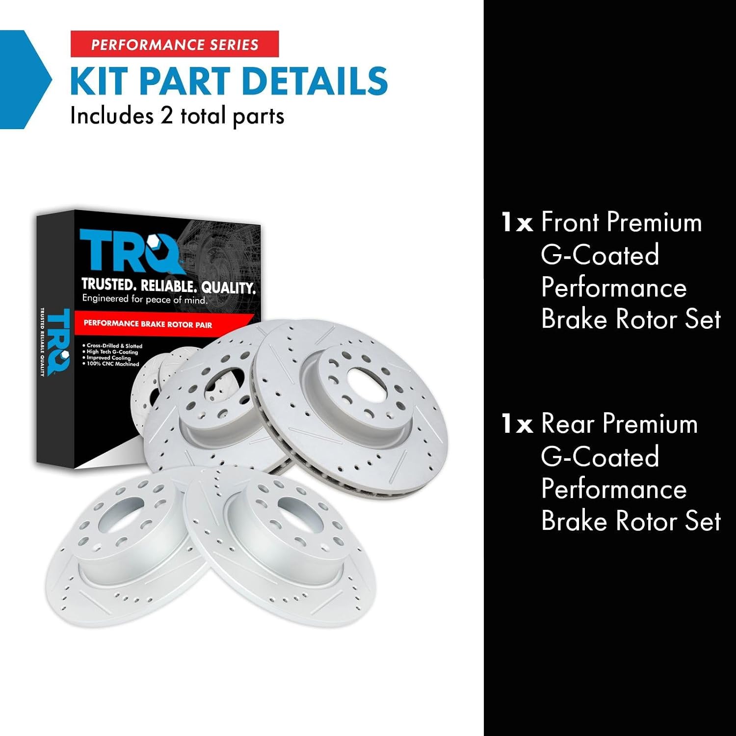 TRQ Front & Rear Brake Rotors Set Performance Premium G-Coated Slotted X Drilled Compatible with 09-20 Audi 09-21 Volkswagen
