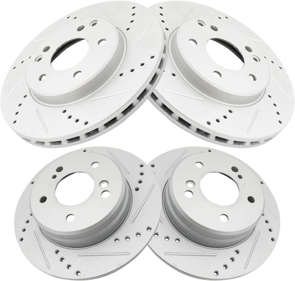 TRQ Performance Front and Rear Brake Rotor Set G Coated Drilled Slotted Compatible with 1996-2000 Mercedes-Benz C280 1996-1997 E300 1998-2004 SLK230 1999-2007 C230 2001-2005 C240