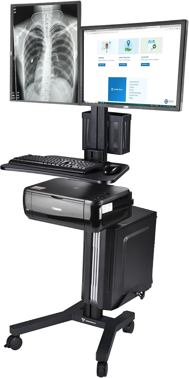 AW Mobile Computer Cart Medical Rolling PC Stand Desk Workstation Dual Monitor Mount with Wheels Adjustable Keyboard Tray CPU Printer Holder Hospital Clinic ANSI/BIFMA X5.5-2021 Certificated Black
