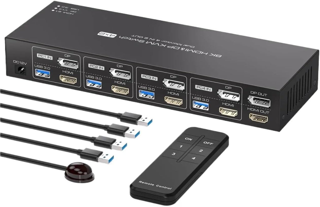 8K Displayport HDMI KVM Switch 4 Computers 2 Monitors KVM Switches Dual Monitor for 4 PC Sharing 2 Monitor and 4 USB3.0 Devices(EU Power Plug)