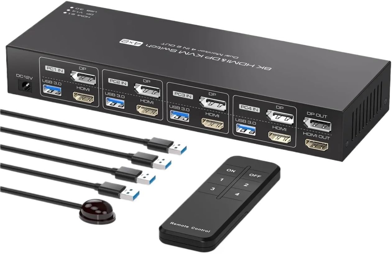 8K Displayport HDMI KVM Switch 4 Computers 2 Monitors KVM Switches Dual Monitor for 4 PC Sharing 2 Monitor and 4 USB3.0 Devices(EU Power Plug)
