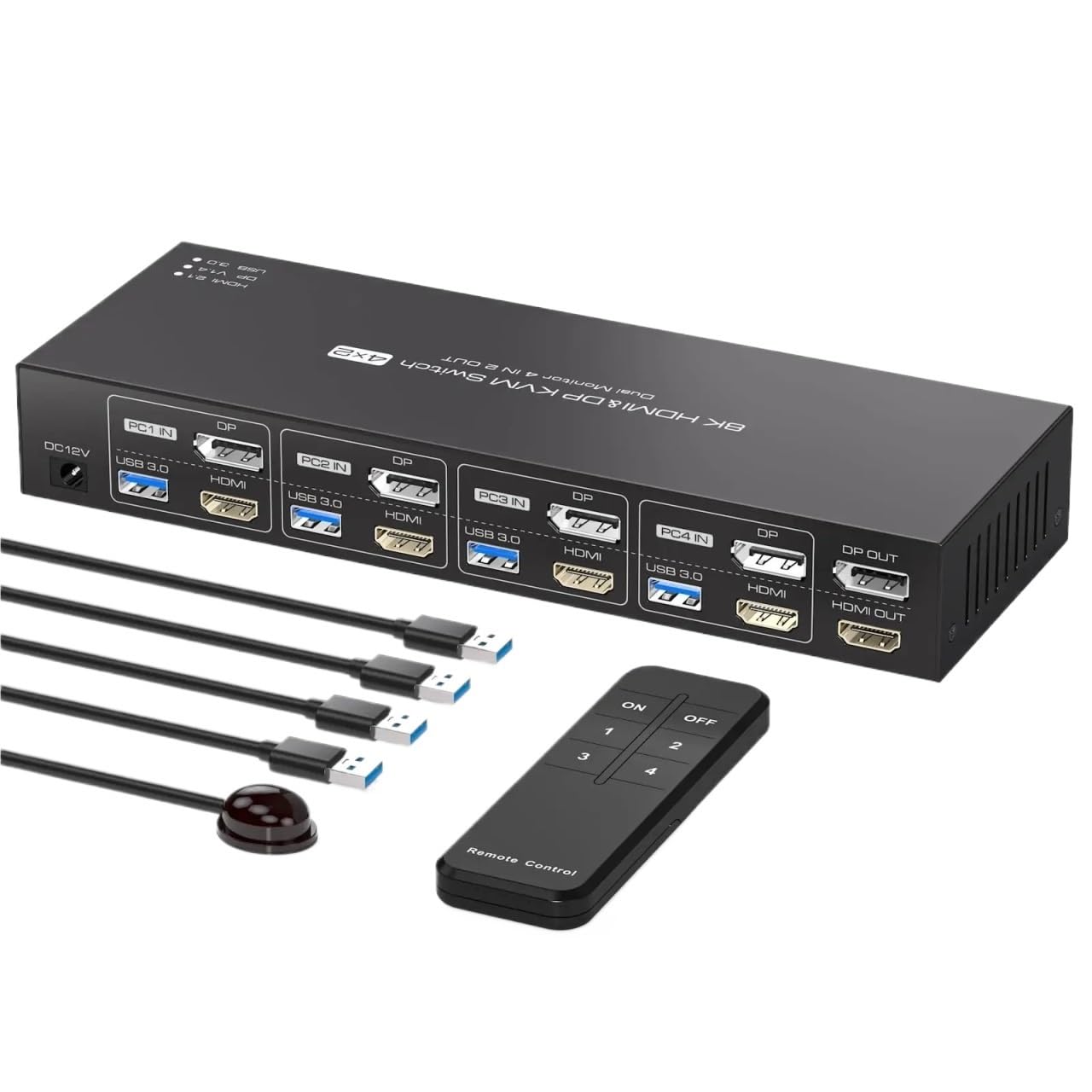 8K Displayport HDMI KVM Switch 4 Computers 2 Monitors KVM Switches Dual Monitor for 4 PC Sharing 2 Monitor and 4 USB3.0 Devices(US Power Plug)