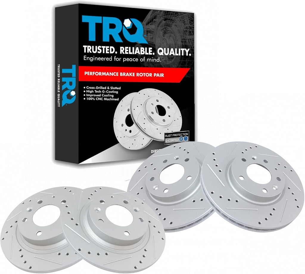 TRQ Performance Front and Rear Brake Rotor Set G Coated Drilled Slotted Vented Solid Compatible with 06-12 Ford Fusion 2006 Lincoln Zephyr 07-12 Lincoln MKZ 06-13 Mazda 6 06-11 Mercury Milan