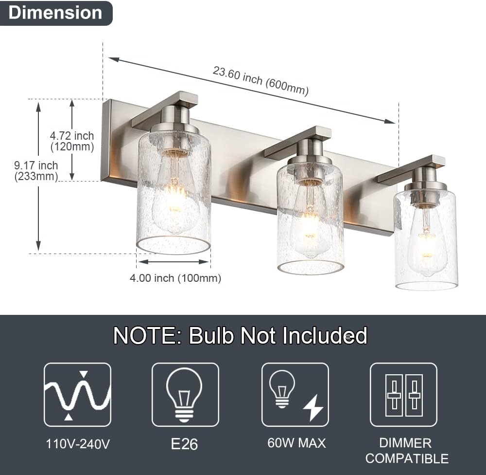 Brushed Nickel Bathroom Vanity Light Over Mirror, 3-Lights Metal Wall Lighting Fixtures with Seeded Glass Shades