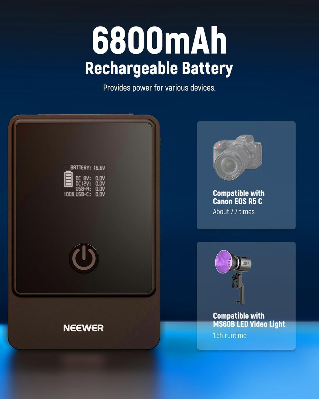 NEEWER Mini V Mount Battery, 6800mAh 99Wh V Lock Battery, PD65W Fast Charging/D Tap/BP/USB A/Dual DC Port/OLED Display for Camcorder Video Camera Compatible with SmallRig BMPCC 4k 6k, PS099E