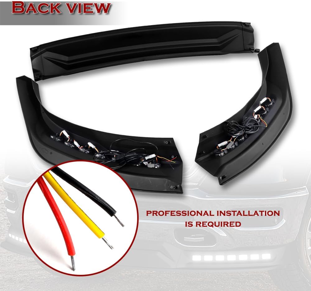 Stay-Tuned, Unpainted Black ABS Plastic Front Bumper Lip Spoiler Body Kit+LED Sequential Running Lights, Fit for 2019-2024 Dodge Ram 1500, Auto Exterior Accessory, 3PC (+Running Light)