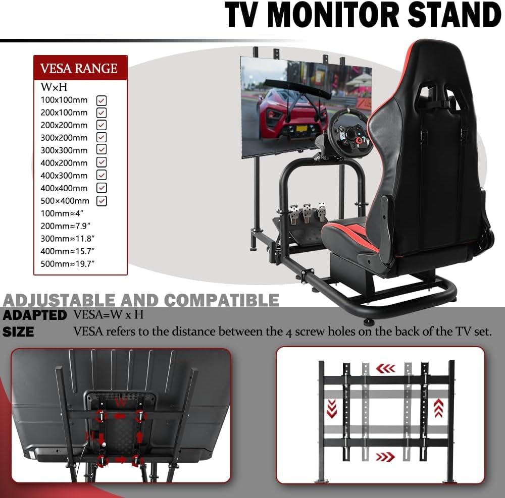 Driving Simulator Cockpit with Monitor Stand & Red Seat Fit for G923 G920 T500 Fantec T3PA/TGT Stable & Strong,No Steering Wheel Shift Lever Pedal Display