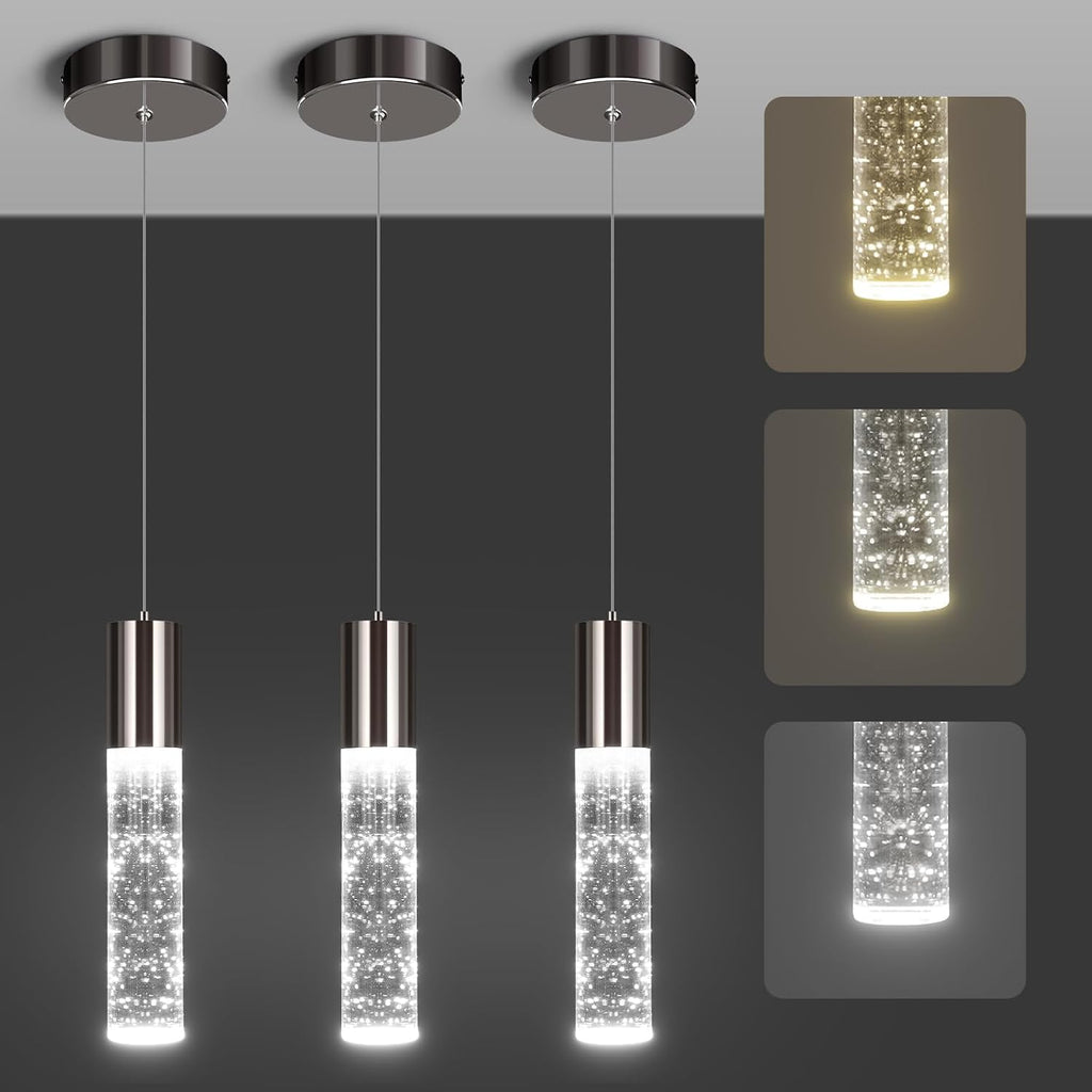 OKELI Modern Pendant Lights,3 Color LED Bubble Crystal Island Light Fixtures,Black Mini Pendant Lighting for Kitchen Island,Bar,6W,3000-6000K,ETL,3 Pack