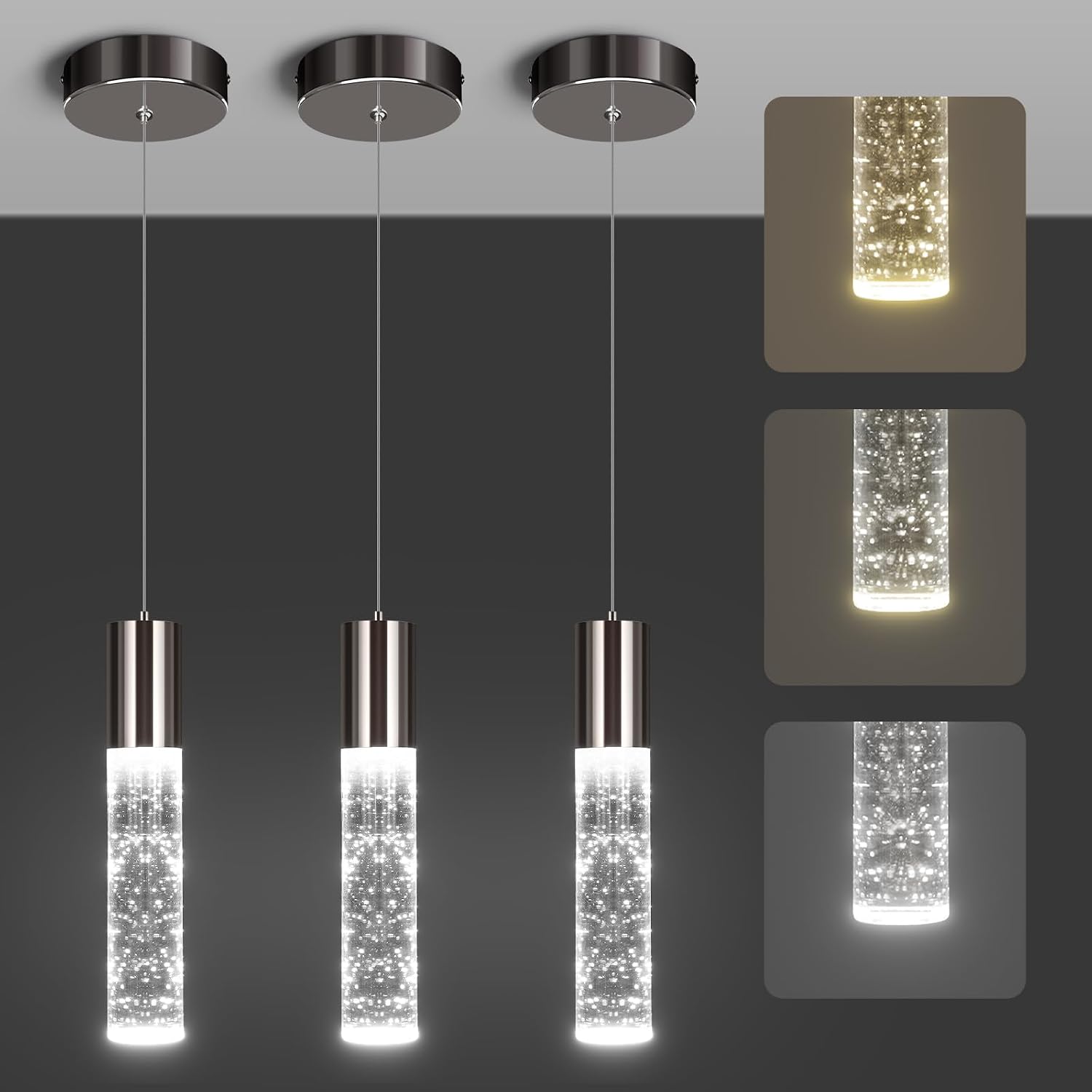 OKELI Modern Pendant Lights,3 Color LED Bubble Crystal Island Light Fixtures,Black Mini Pendant Lighting for Kitchen Island,Bar,6W,3000-6000K,ETL,3 Pack