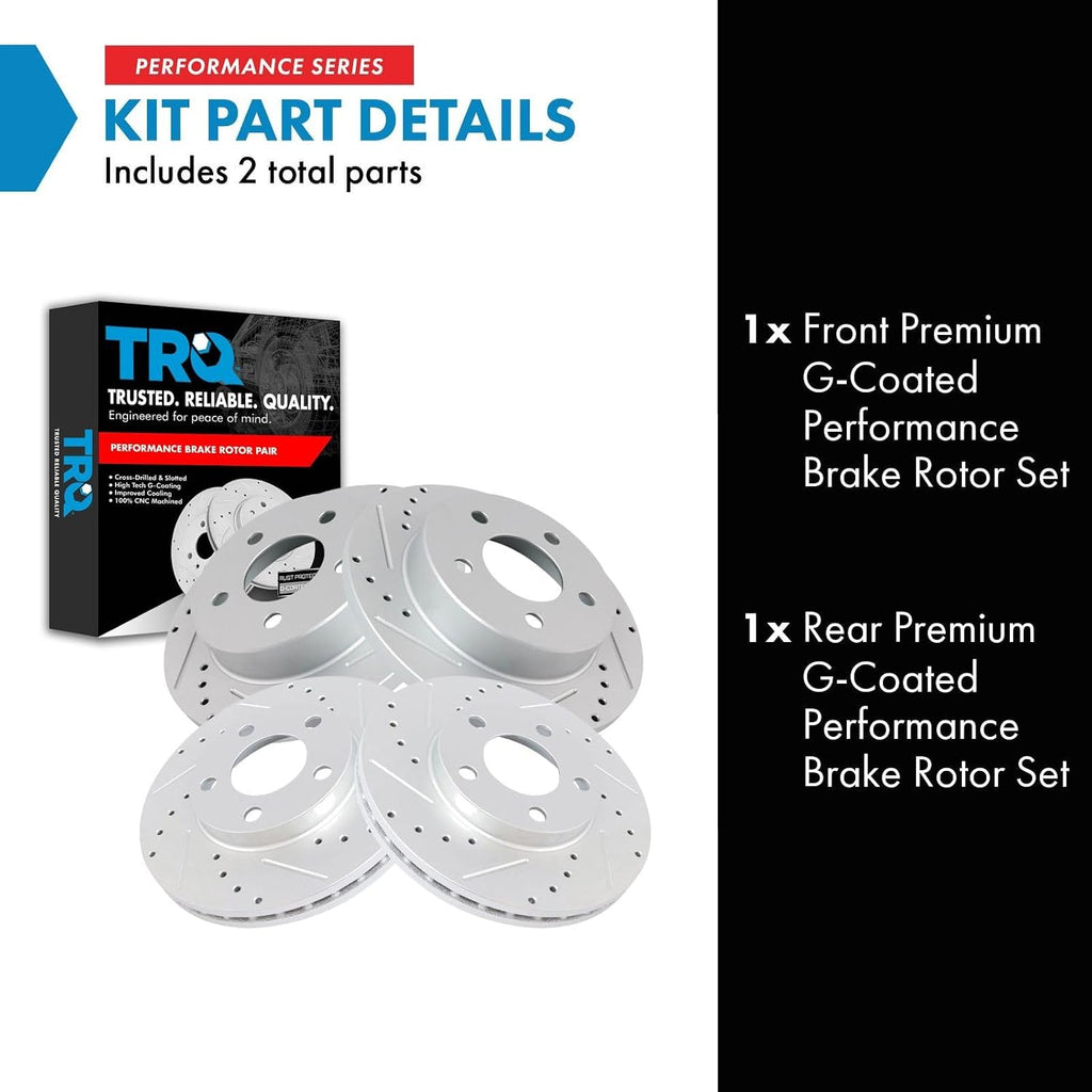 TRQ Performance Front and Rear Brake Rotor Set G Coated Drilled and Slotted Compatible with 1994-2004 Ford Mustang