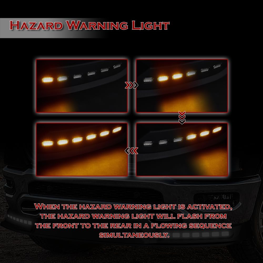 Stay-Tuned, Unpainted Black ABS Plastic Front Bumper Lip Spoiler Body Kit+LED Sequential Running Lights, Fit for 2019-2024 Dodge Ram 1500, Auto Exterior Accessory, 3PC (+Running Light)