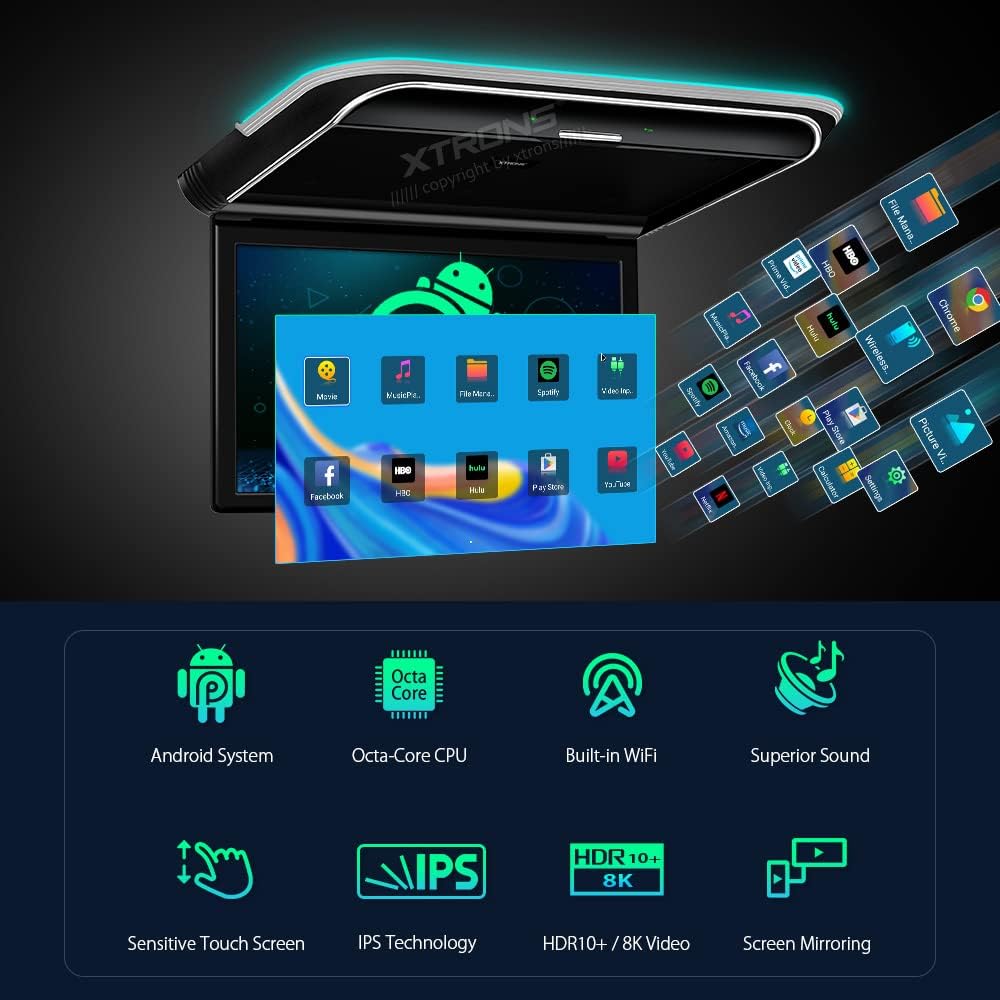 XTRONS Android Car Overhead Player 15.6' Wide IPS Touch Screen 8K Video Car Roof Mount Monitor with Built-in Stereo Speakers Flip Down Overhead Car Monitor Support Bluetooth, WiFi, HDMI, USB, IR