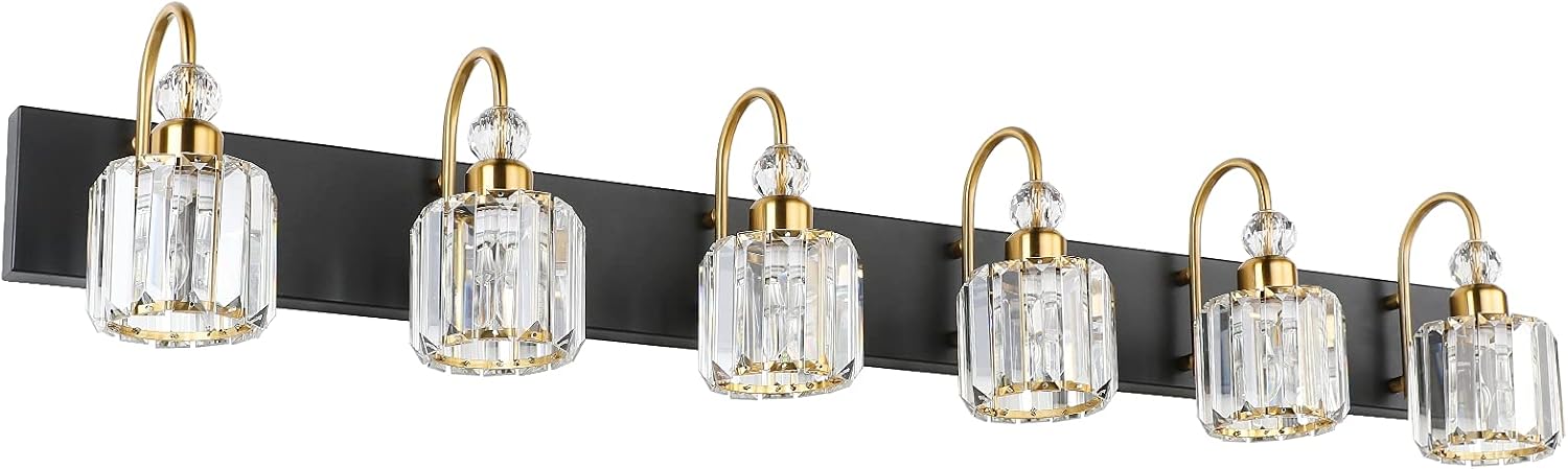 Ralbay Crystal Vanity Lights 6-Lights Modern Crystal Bathroom Vanity Lights Over Long Mirror Modern Black Gold Bathroom Vanity Lighting Fixtures