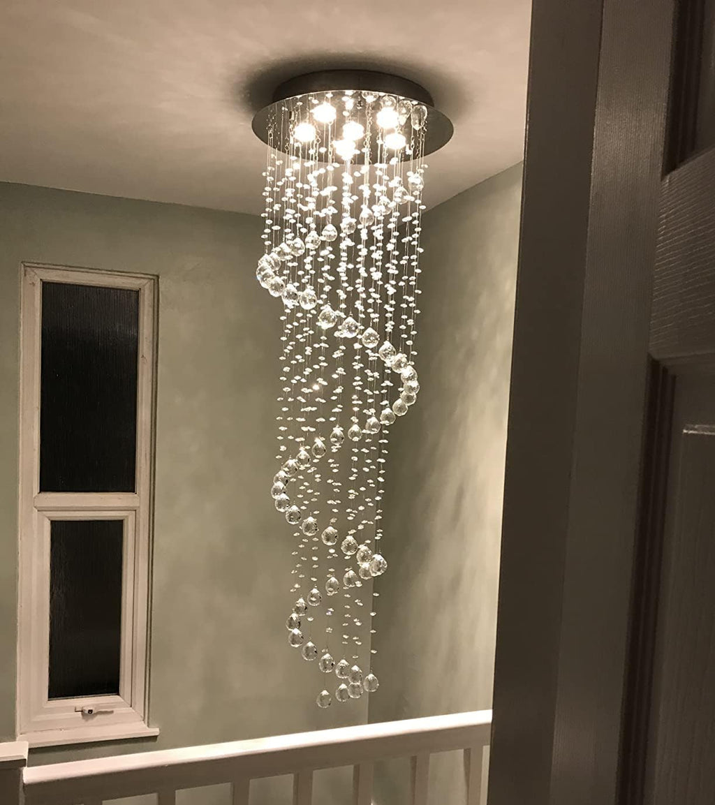 Elegant Spiral Crystal Chandelier Lighting, Clear K9 Crystal Raindrop LED Ceiling Lights Chrome Flush Mount Pendant Light Fixture for Livingroom Dining Room Hallway Stairway Foyer (D20'' H62'')