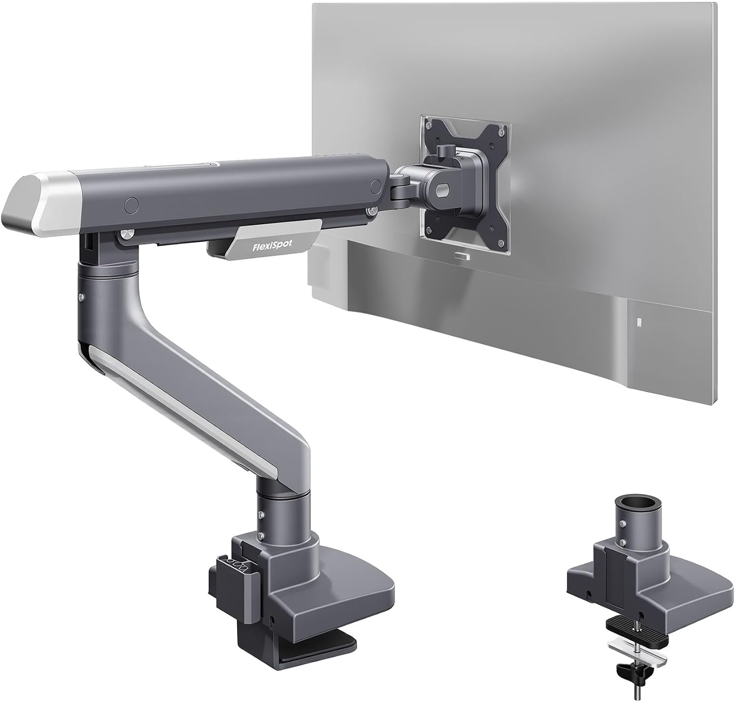 FlexiSpot Single Monitor Arm, Premium Aluminum Monitor Desk Mount Fits Screen up to 39 Inches, Fully Adjustable Monitor Stand with C-Clamp & Grommet Base, Holds 6.61 to 26.46 lbs, Gun Gray