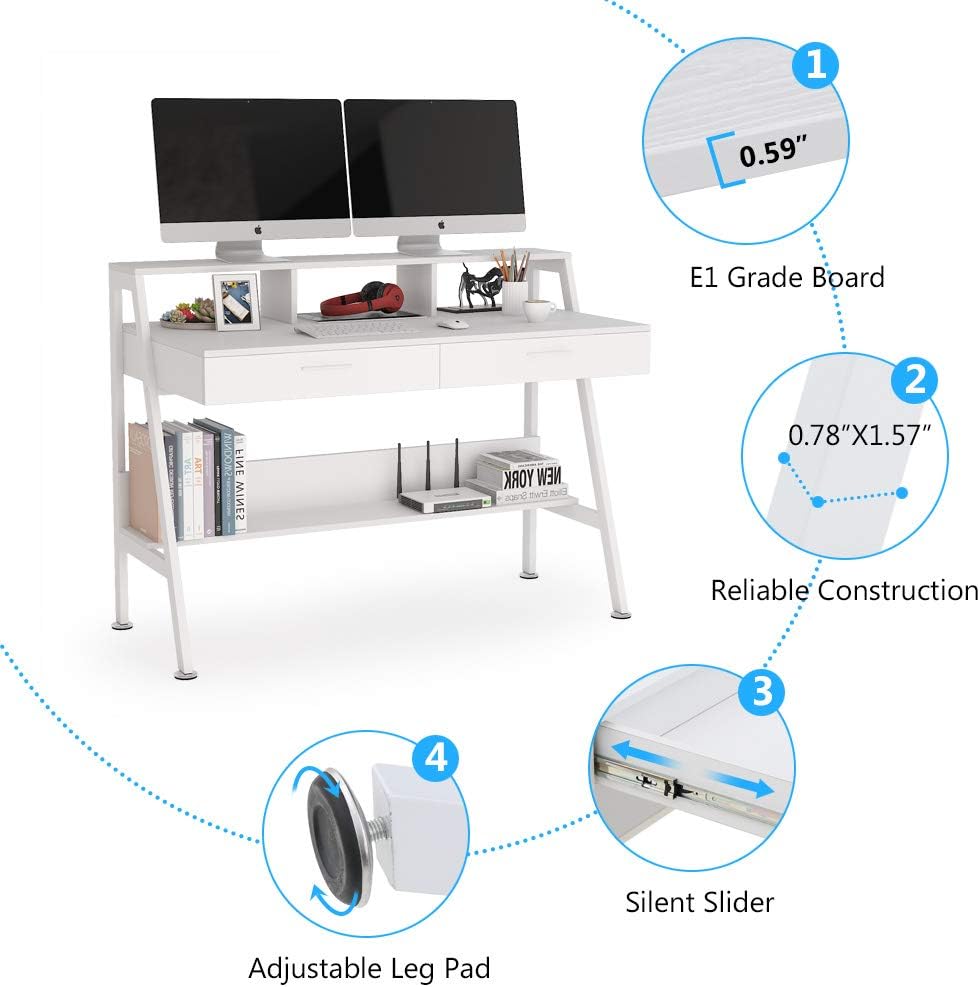 Tribesigns Computer Desk with Storage Shelf & Drawers, Modern 47 inch Office Writing Desk Study Table with Monitor Stand Riser for Home Office Use (White)