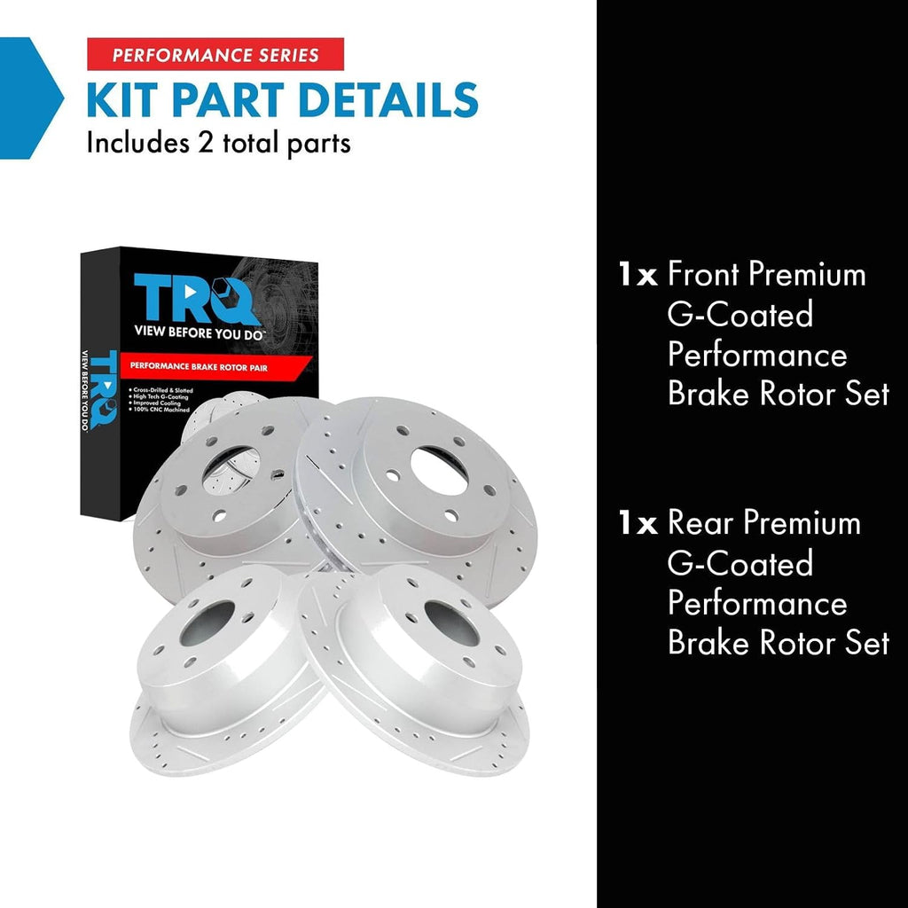 TRQ Performance Front and Rear Brake Rotor Set G Coated Drilled and Slotted Compatible with 1999-2004 Jeep Grand Cherokee