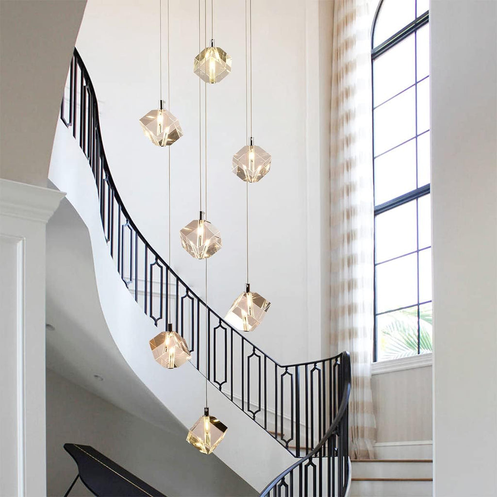Cube Raindrop Staircase Chandelier, 7-Light Modern Cut Crystal Cluster Pendant Lights, 21W High Ceiling Square Crystal Foyer Chandelier Lighting Fixture for Living Room, Chrome