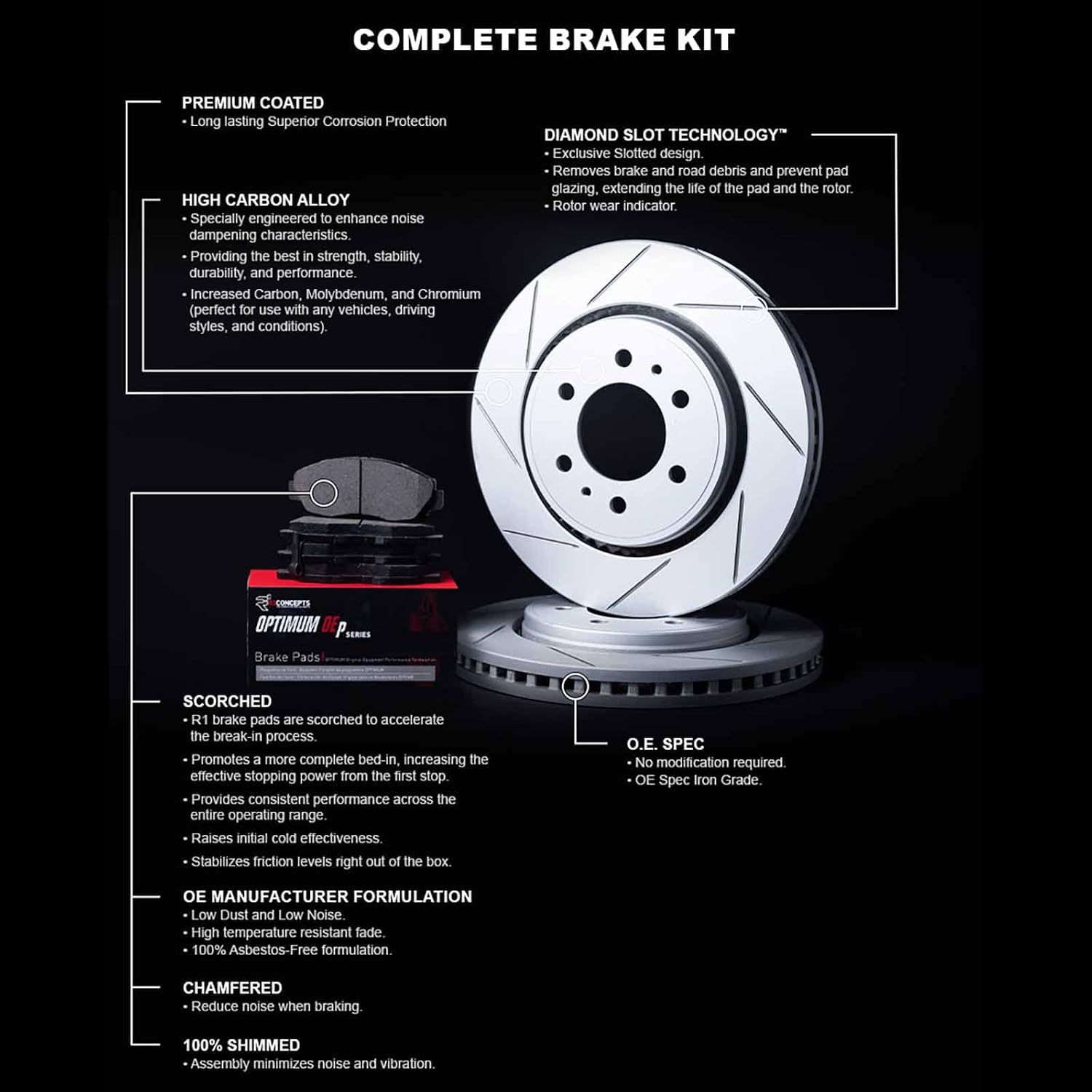 R1 Concepts Rear Brake Kit Fits 2006-2011 Acura CSX; 2013-2015 Acura ILX; 2006-2015 Honda Civic; 1997-2001 Honda Prelude| Optimum Oep Brake Pads and Slotted Brake Rotors| 10.2' Rear