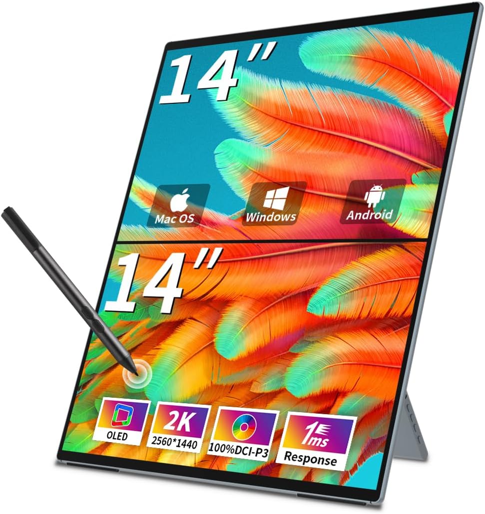 Dual Monitor 14 Inch 2K OLED,Portable Touch Monitor for Laptop Extender| 2K |100% DCI P3|Plug-Play|Stand- VESA| |Slim-Frameless| Computer Triple Display Laptop PC Windows Mac