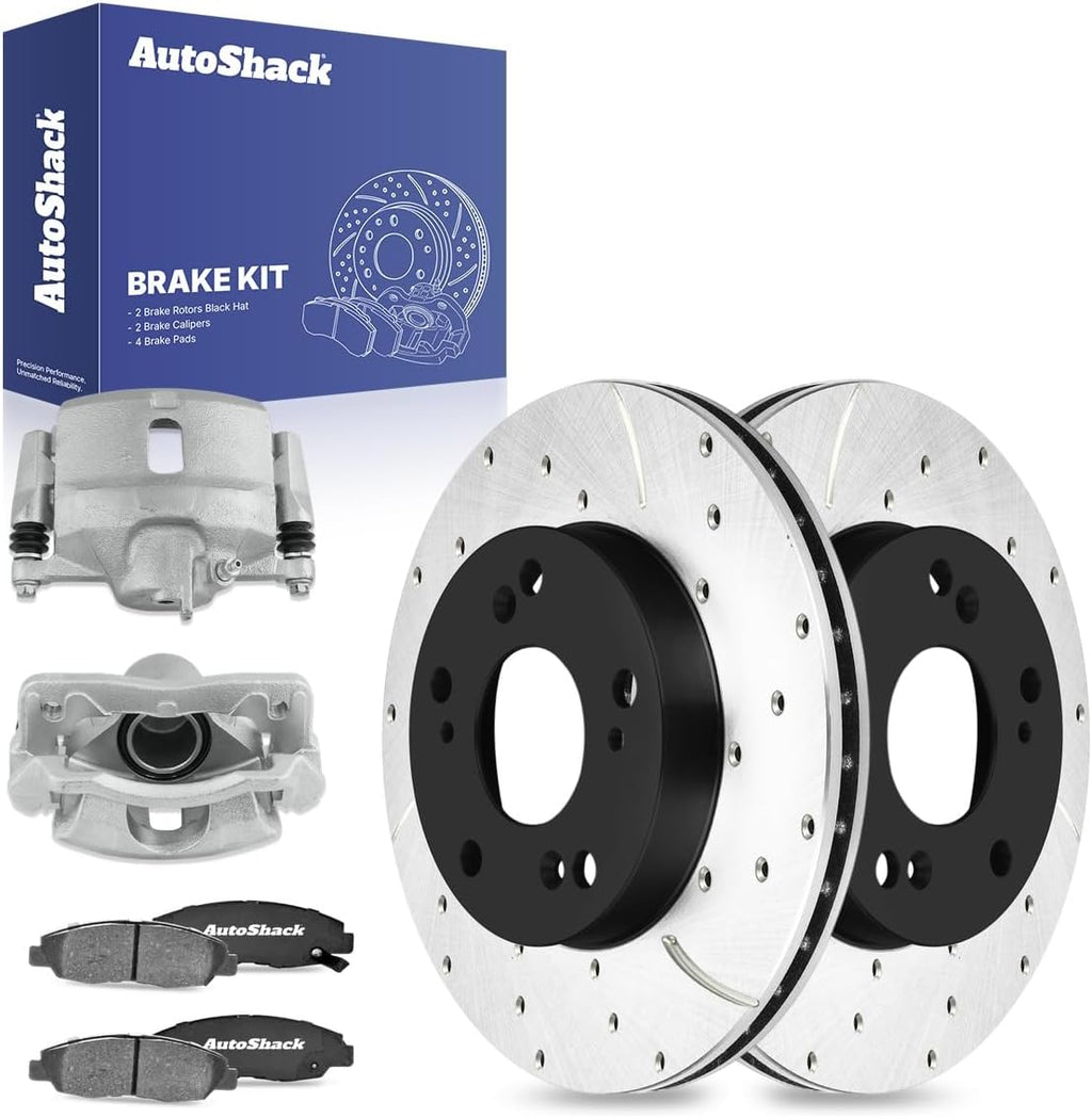 AutoShack Front Brake Rotors, Ceramic Pads & Calipers for Honda, Civic 2006-2011, FWD L4 1.8L - E-Coated Drilled & Slotted - ShadowGuard - 10.31' (261.9 mm), 5-Lug