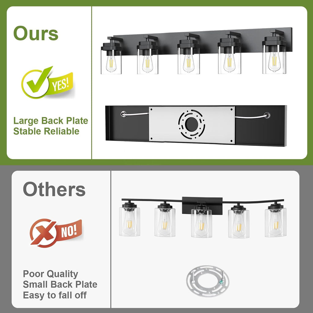 Black Bathroom Light Fixtures, 5 Lights Bathroom Lighting Fixtures Over Mirror, Square Design & Rectangle Large Backplate, Modern Vanity Lighting Fixtures, for Bathroom/Living Room/Bedroom