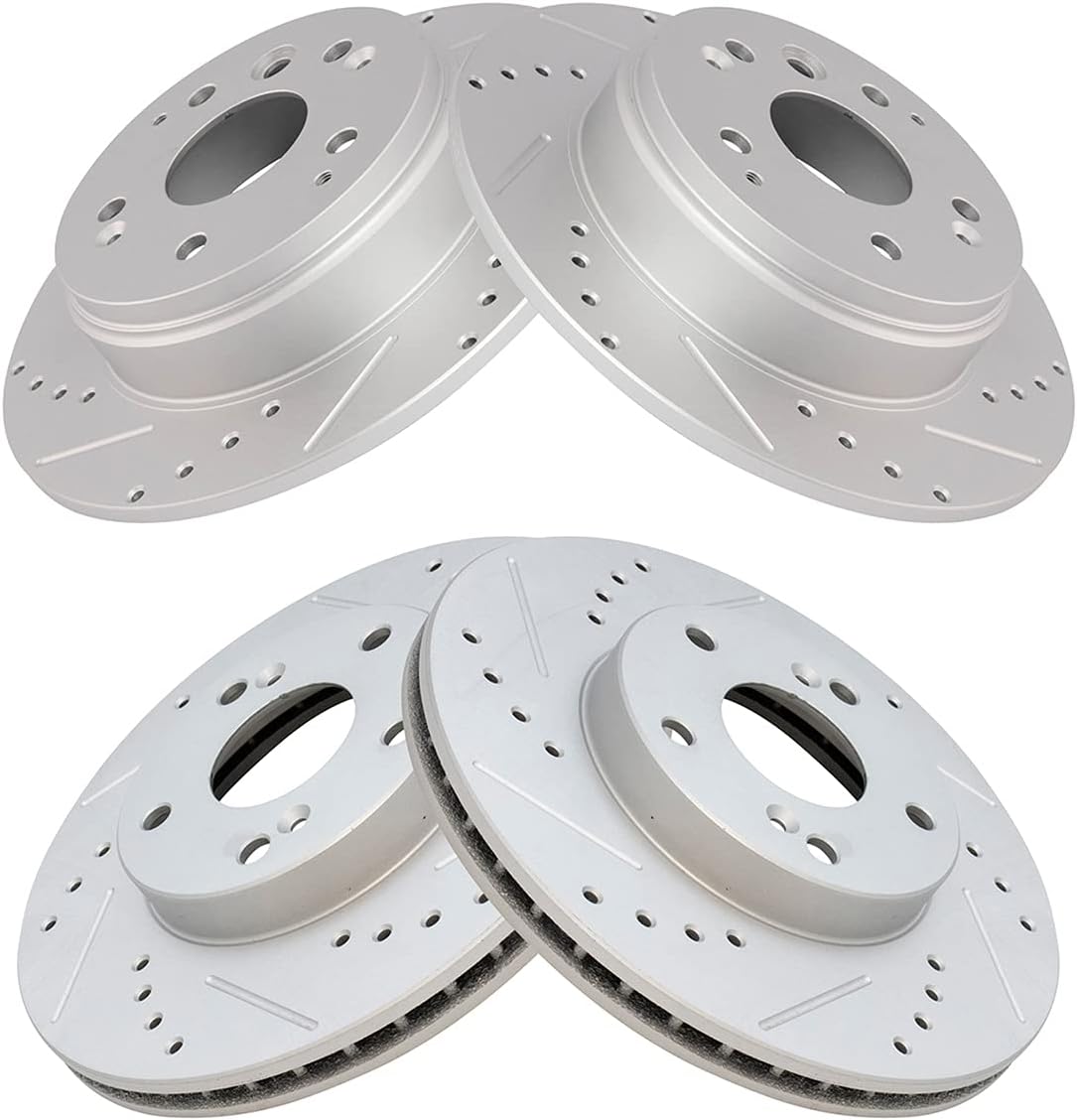 TRQ Performance Front and Rear Brake Rotor Set G Coated Drilled and Slotted Vented Solid Compatible with 2003-2011 Honda Element