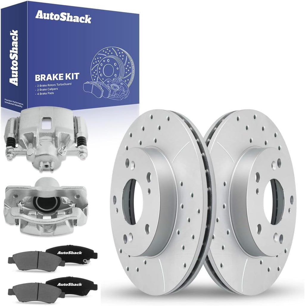 AutoShack Front Brake Rotors, Ceramic Pads & Calipers for Honda, Civic 2006-2011, FWD L4 1.3L - Coated Drilled & Slotted - Silver Matte Finish - TurboGuard - 10.31' (261.9 mm), 5-Lug