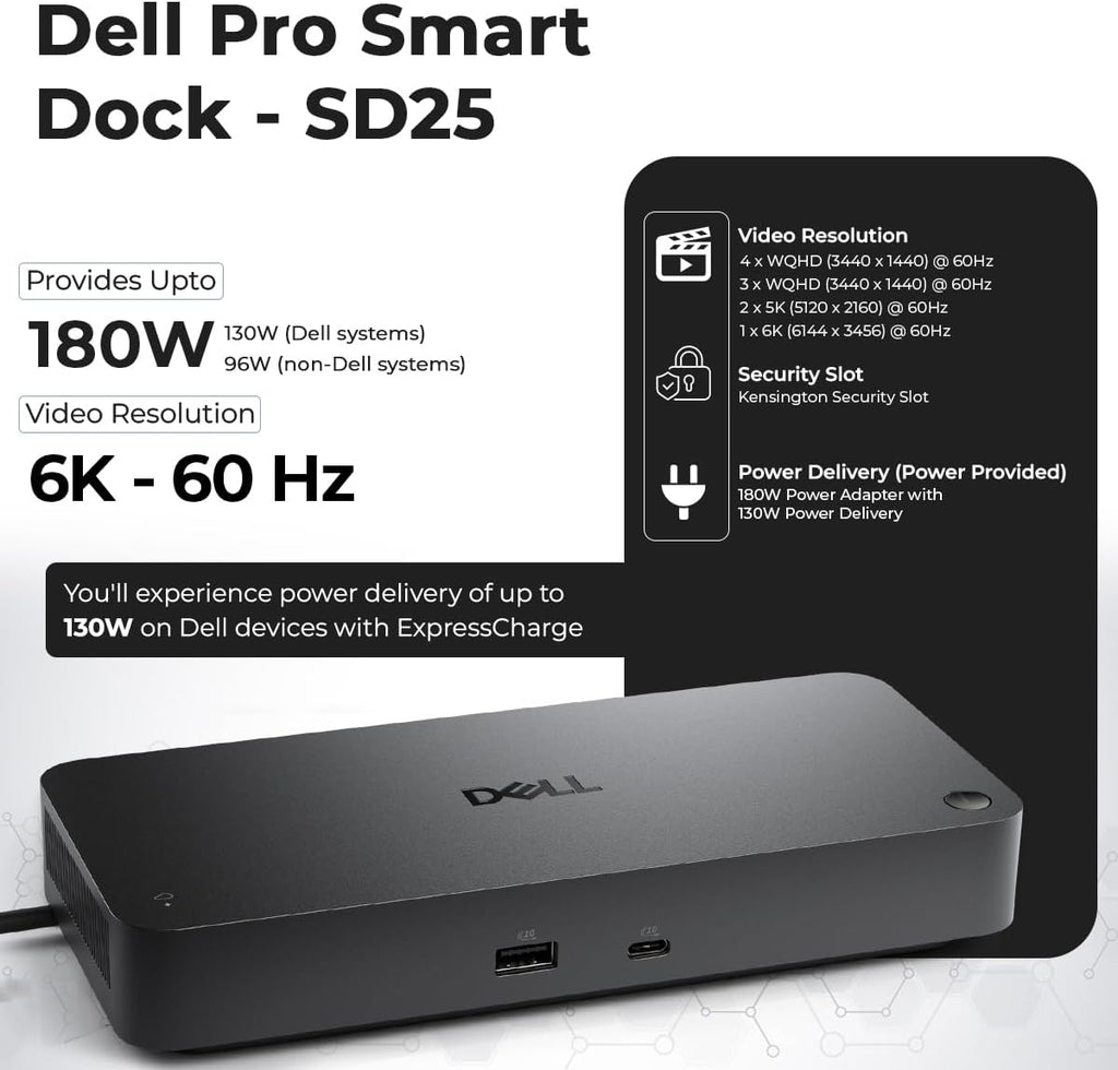 Dell Pro Smart Dock SD25 Bundle - 10Gbps, 3 Year Warranty, Supports Dual/Triple Monitors & 4K Displays with 180W Power Supply, Anyhdd HDMI, DisplayPort, USB C Cable, Cloth - Docking Station
