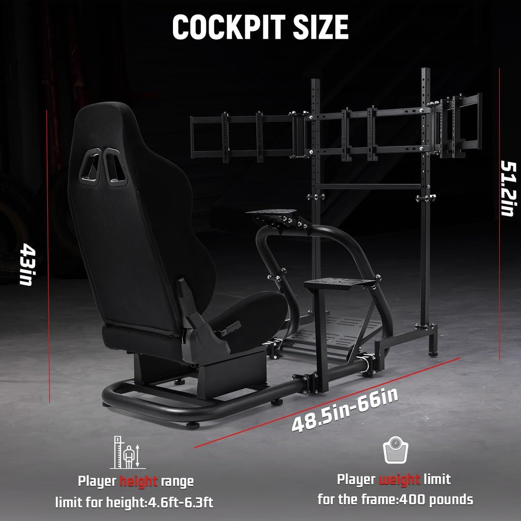 Dardoo Racing Simulator Cockpit with Triple Monitor Stand and Black Seat Compatible with Logitech G29 G920 G923, fit for Thrustmaster T300RS, fit for Fanatec CSL-DD, No Steering Wheel,Pedal,Handbrake