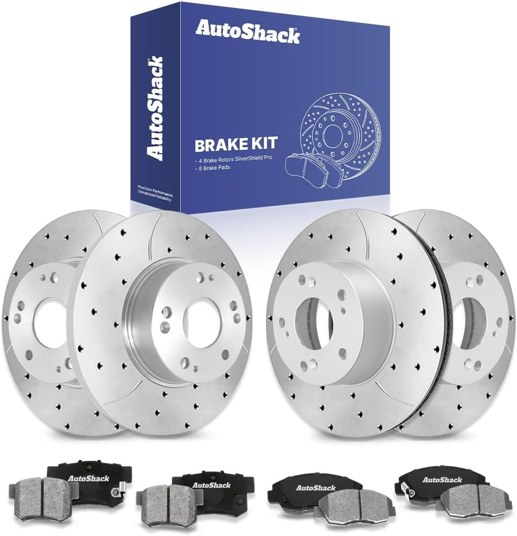 AutoShack Front & Rear Brake Rotors & Ceramic Pads for Honda, Civic 2006-2011, FWD L4 1.8L - Silver Zinc Coated Drilled & Slotted - SilverShield Pro